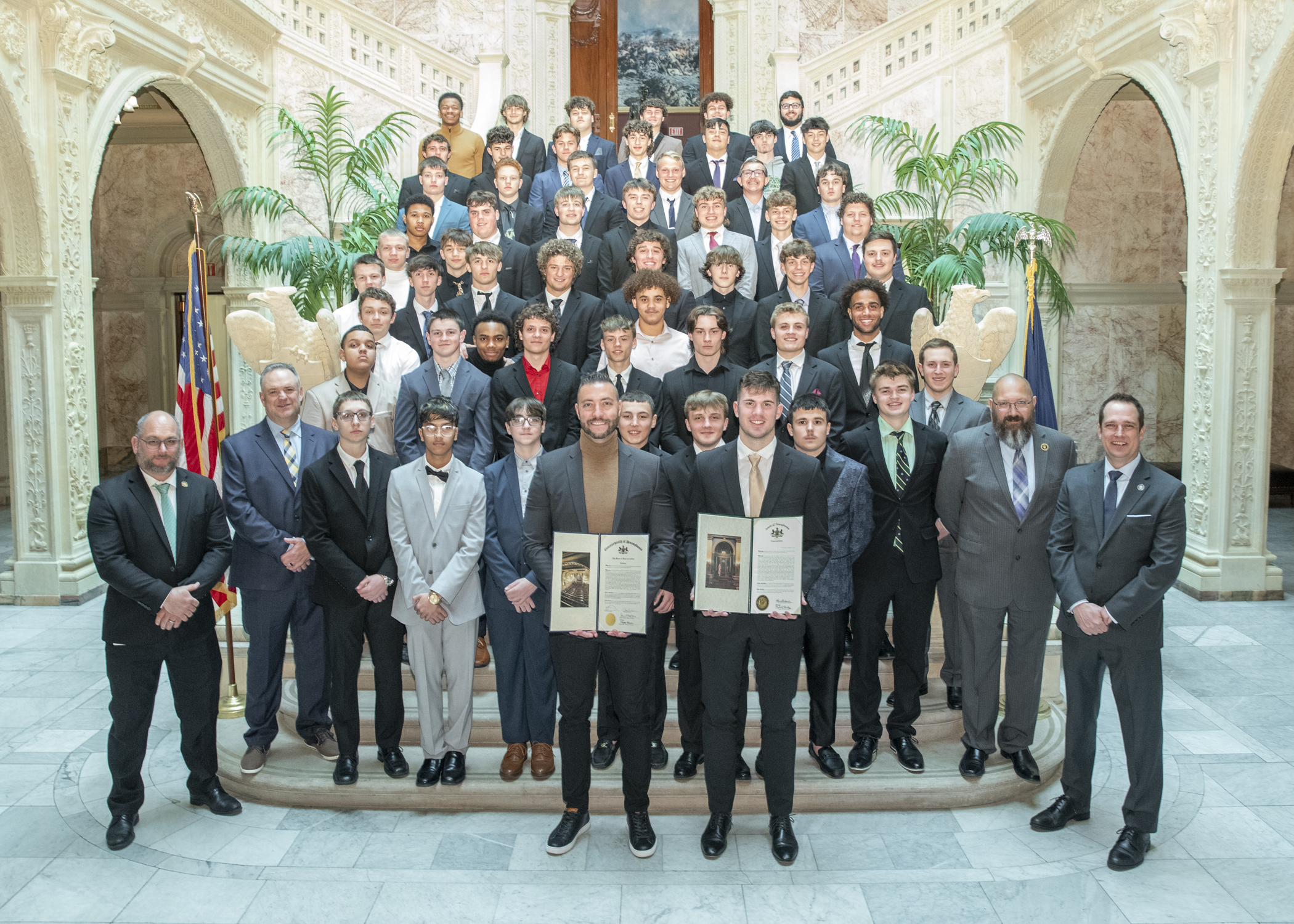 The Belle Vernon Area Football Team was recognized for winning the 2023 PIAA Class AAA Championship in Harrisburg Monday. Players and coaches had an opportunity to meet Pennsylvania State Reps. Eric Davanzo and Ryan Warner, as well as Pennsylvania Senate President Pro Tem Kim Ward and Sen. Pat Stefano. The Leopards beat Northwestern Lehigh 38-7 in December to win the team’s second PIAA trophy in as many years.